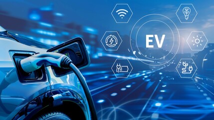 An electric vehicle charging with illustration EV icons on dark background