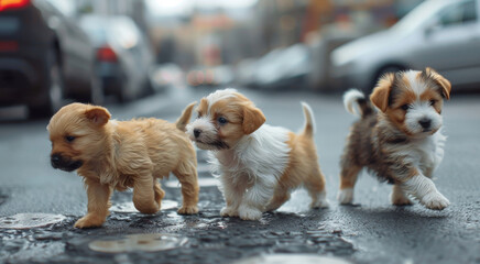 Two adorable puppies crossing a street. The scene is set in a quiet urban area with cars in the background, slightly out of focus. Generative AI.