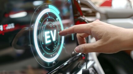 A hand touching an electric vehicle with the text EV