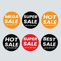 Set of vector red starburst, sunburst badges. Simple flat style vintage labels, stickers with sale discount text. Sale quality tags and labels. Template banner shopping badges.