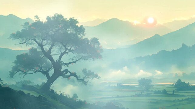 Traditional Japanese fruit orchard at dawn: mist hugging ancient persimmon trees. Anime or digital painting style, looping 4k video animation background