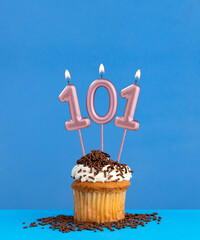 Candle number 101 - Birthday card with cupcake on blue background