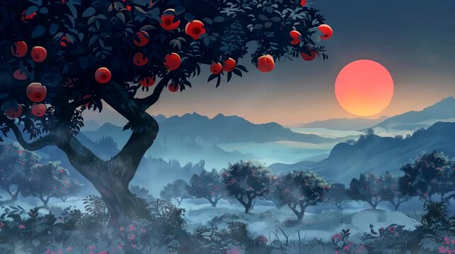 Traditional Japanese fruit orchard at dawn: mist hugging ancient persimmon trees. Anime or digital painting style, looping 4k video animation background