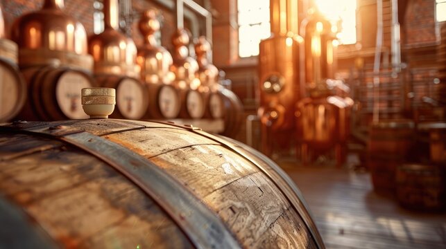 Traditional alcohol distillery concept with an old oak barrel containing bourbon whiskey Copper alambic and oak barrel in the backdrop