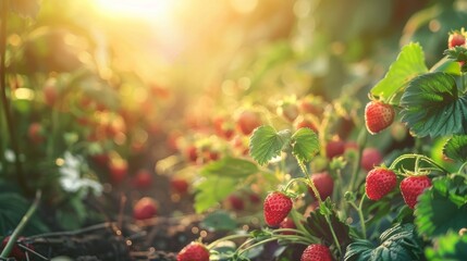 Obraz premium A bountiful strawberry field under bright sunlight displaying ripe, red strawberries ready for harvest