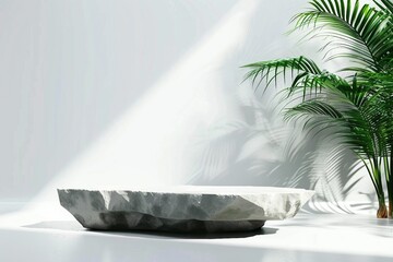 White stone product display podium with nature leaves. 3D rendering. generative ai.