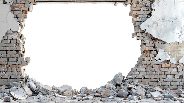 Fototapeta A wall made of bricks is torn down to reveal a hole , The wall is made of grey bricks 