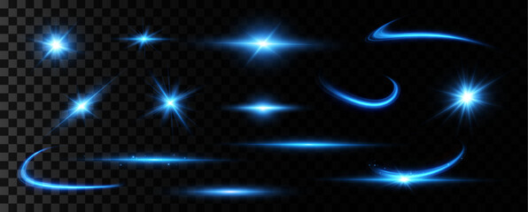 Obraz premium Bright particles, burning blue lights, stars, lasers. Vector. 