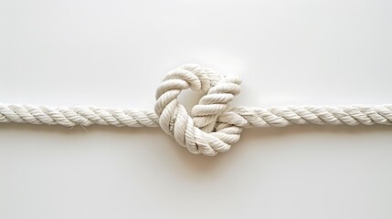 A white rope tied in a knot with a long tail against a white background 