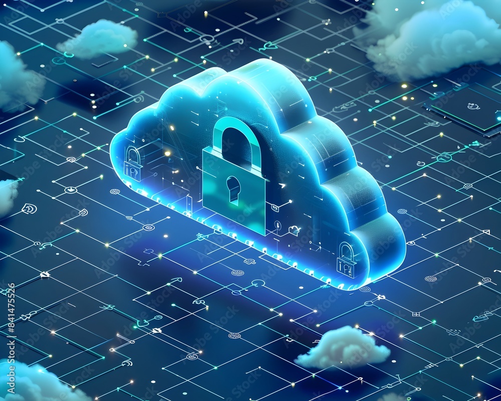 Poster cloud computing security locks and shields safeguarding digital data