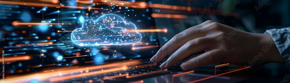 Poster businessperson using cloud based application with data syncing across devices cloud computing concep