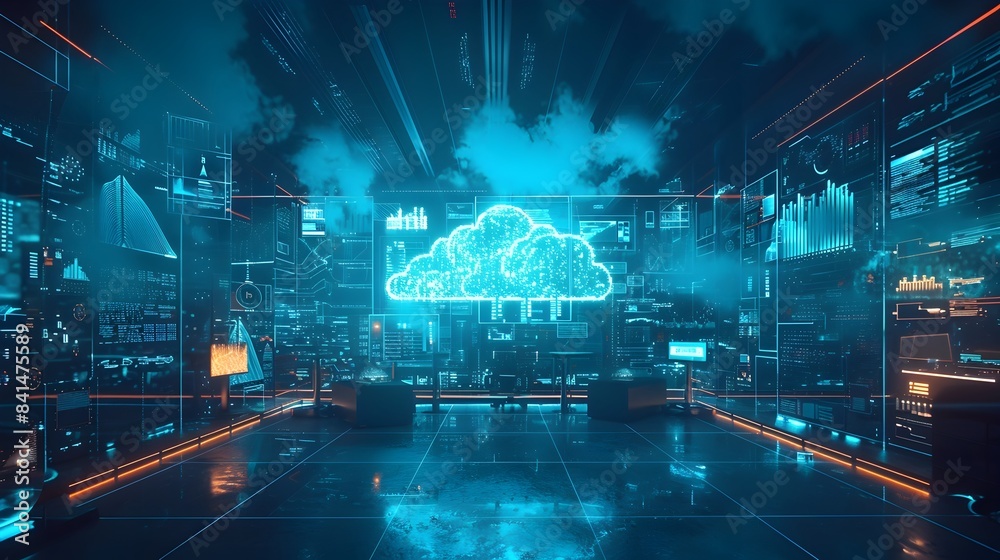 Poster futuristic workspace with advanced cloud computing and technology showcasing digital transformation