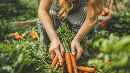 Woman picking up fresh organic carrots at house garden - Harvest and vegetarian concept - Models by AI generative
