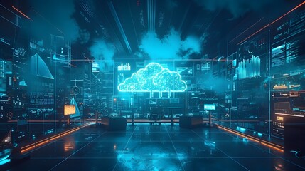 Futuristic Workspace with Advanced Cloud Computing and Technology Showcasing Digital Transformation