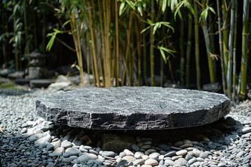 Stone Podium in Zen Garden with Bamboo and Pebbles
