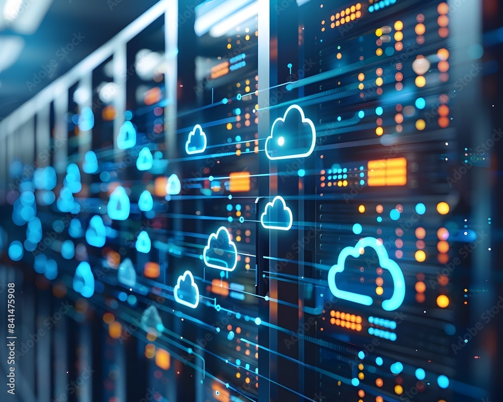 Poster cloud computing infrastructure in server room with data streams and icons