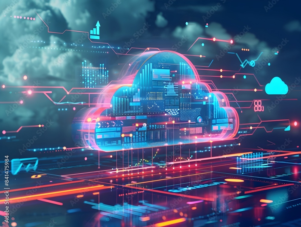 Poster visualizing cloud computing cost efficiency savings through data analytics and infrastructure optimi