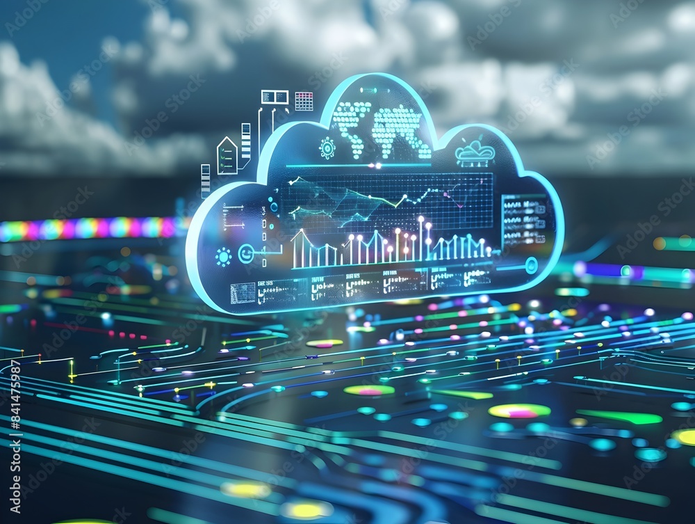 Poster visualizing cloud computing cost efficiency with charts and graphs showcasing savings and optimizati