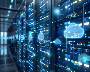 Futuristic Server Room with Cloud Computing Infrastructure and Data Streaming
