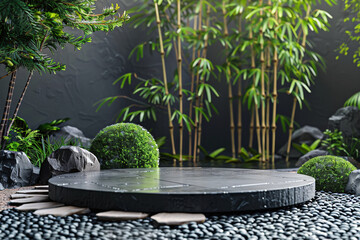Zen Garden with Black Stone Podium Surrounded by Bamboo and Greenery