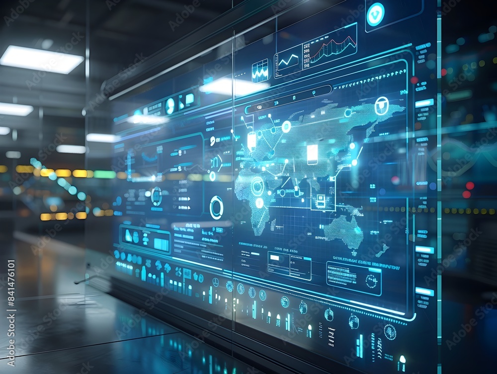 Poster Futuristic High Tech Workspace with Interactive Digital Displays Showcasing Cloud Computing Metrics and Performance
