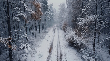 Fresh snowfall over a forest road in Poland captured from above