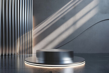Modern Minimalist Black Podium with Soft Light and Metal Background