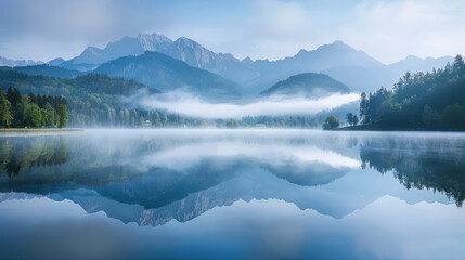 Serene Bavarian lake with foggy mountains and forest reflections