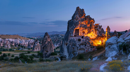 Naklejka premium Goreme at evening with illuminated rock formations in Cappadocia Turkey