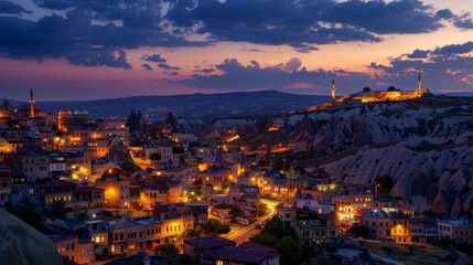 Fototapeta premium Evening cityscape of G?reme with illuminated buildings in Cappadocia Turkey