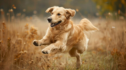 Obraz premium Golden retriever dog jumping in a grassy field on a warm day