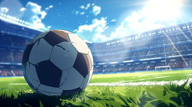 A soccer ball on a sunlit field stadium. Anime style, looping 4k video animation background