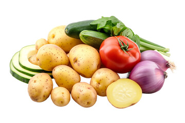 Potatoes and vegetables isolated on transparent background