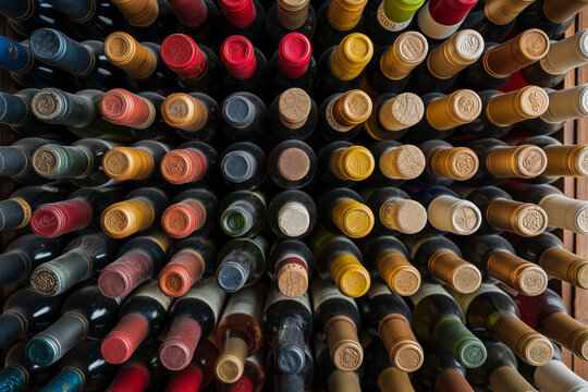 Assorted wine bottles stored in a wine cellar