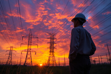 Engineer observing power lines at sunset with dramatic sky