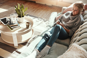 Phone, relax and woman in home for social media, news and reading email in top view. Smartphone,...
