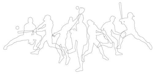 Silhouette baseball or softball player set. Active sports people healthy players fitness silhouettes concept.