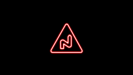 Neon triangular road sign . Glowing curves road sign. Triangle warning road sign. Road warning sign.