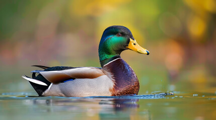Close-up of a mallard duck floating on calm water