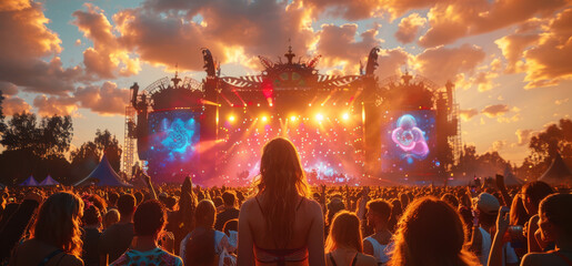 Large colorful music festival stage with blue and purple psychedelic patterns, crowd dancing in...