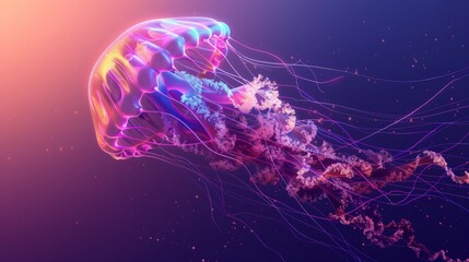 Vibrant Jellyfish Glowing Under Ocean Light With Long Flowing Tentacles And Translucent Body, Stunning Underwater Marine Life Scene