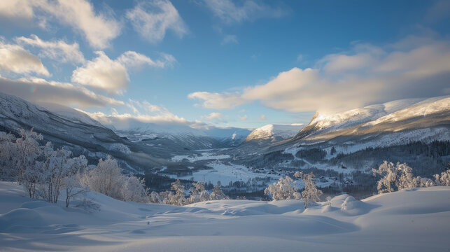 Scenic winter landscape in Hedmark, Norway with snowy mountains