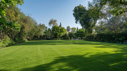 A large home lawn with a play area for children, mature trees providing shade, and a vegetable garden.