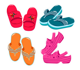 Fashionable summer, beach shoes, flip flops. Collection of vector designs for advertising content