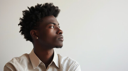 Obraz premium Pensive young man in white shirt looking away in thought