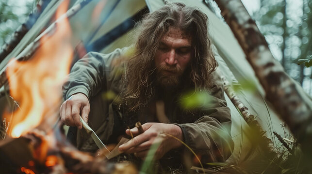 A man lost in the forest, with long overgrown hair and a beard, makes a fire against the backdrop of a tent. Survival, making fire.
