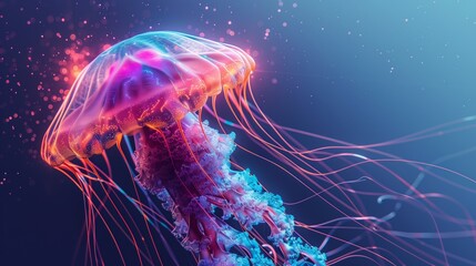 Obraz premium Glowing Jellyfish Floating Gracefully In Deep Ocean With Long Tentacles And Transparent Bell, Beautiful Underwater Marine Life Scene