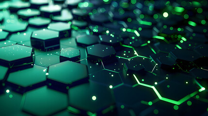 Fototapeta premium 3D render. Abstract background with green glowing hexagons on a dark blue canvas 