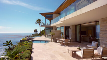 Fototapeta premium A luxurious American coastal home with large balconies, ocean views, and modern outdoor furniture.