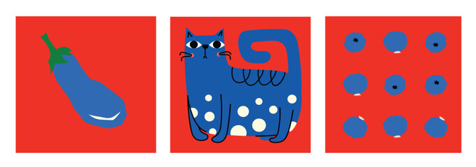 Abstract Graphic Elements set in Minimal Trendy Style. Hand drawn doodle cats, spots, drops, curves, lines for creating patterns, Invitations, posters, cards, social media posts